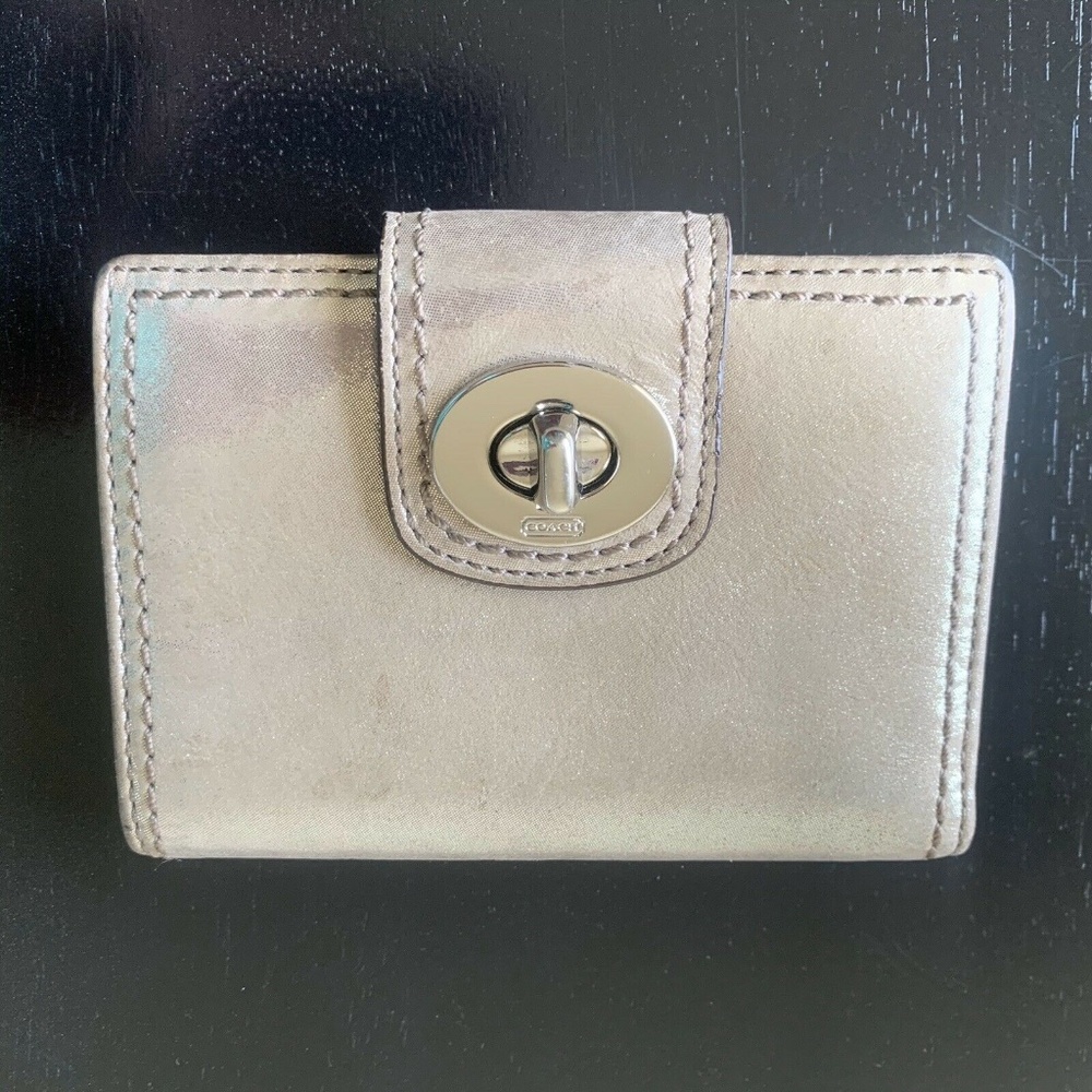 Coach Gold Shiny Metallic Lurex Leather Silver Turnlock Bifold Wallet Purse Case